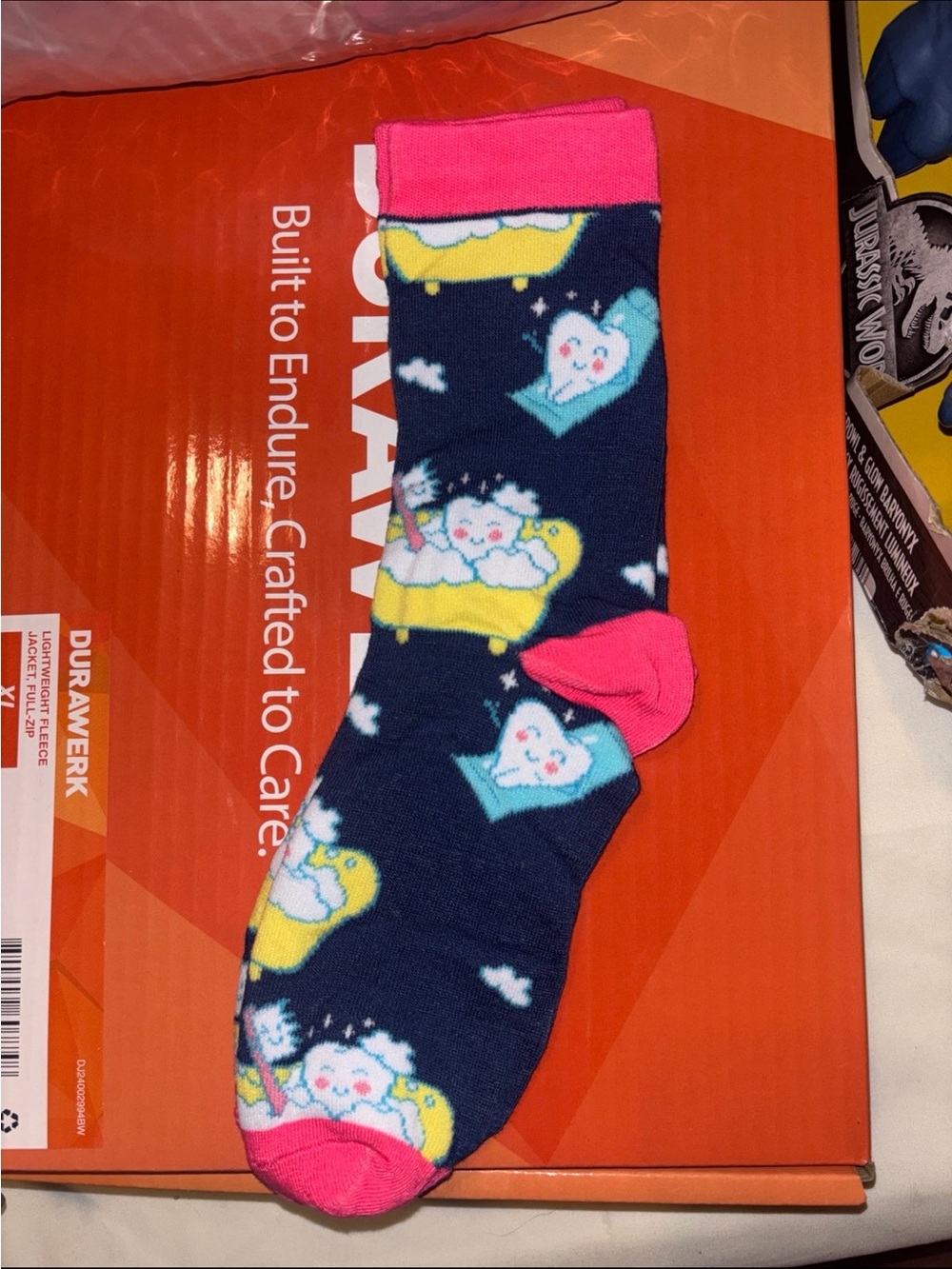 Women Novelty Cloud & Moon Crew Socks - Navy with Pink Accents